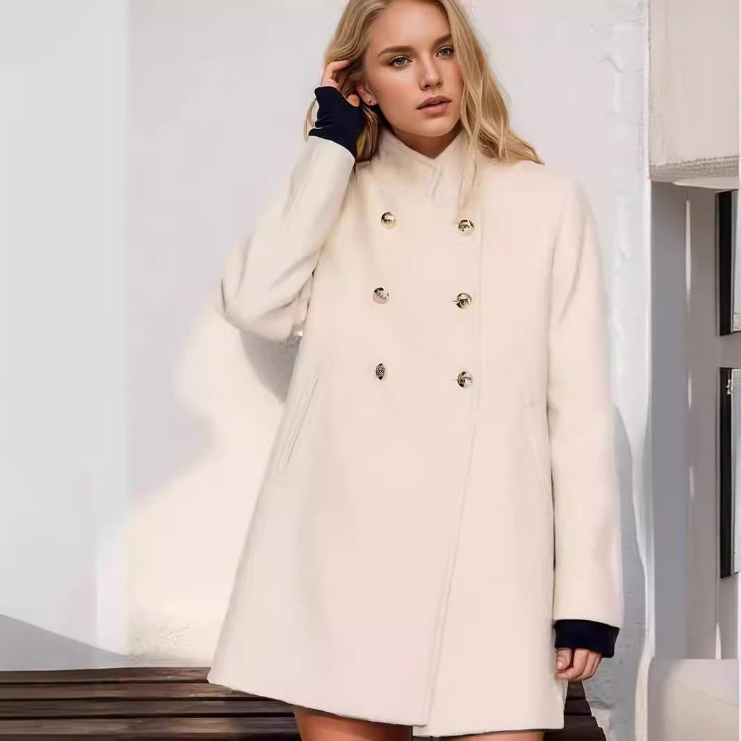 Dames Élégante Manteau Court à Double Rangée de Boutons avec Détails Soie Chic und Stil