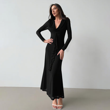 Robe maxi élégante pour femmes avec décolleté en V profond et détail volant Chic und Stil