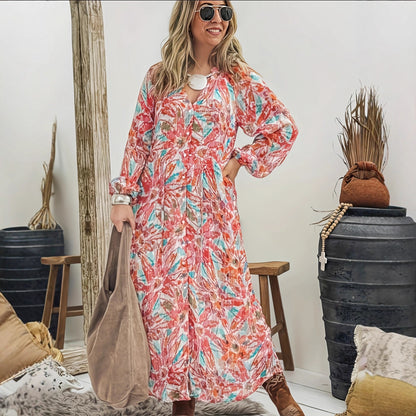 Robes maxi pour femmes avec un imprimé floral coloré et un léger décolleté en V Chic und Stil