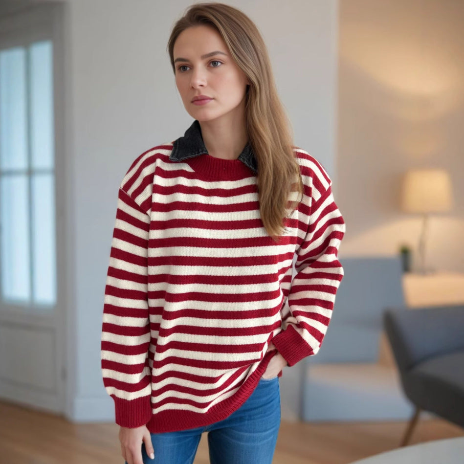 Pull décontracté pour dames avec motif rayé structuré et col à la mode Chic und Stil