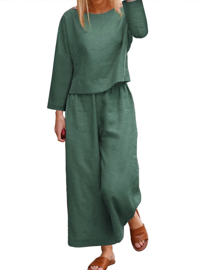 Chic and Style women's long sleeve linen casual set with wide pants