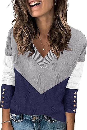 Pull à col en V tendance pour femmes avec bloc de couleur et détails de boutons Chic und Stil