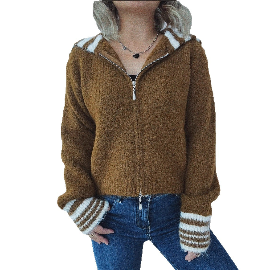 Dames pull-over en tricot cozy avec une fermeture éclair élégante et des rayures à la mode Chic und Stil