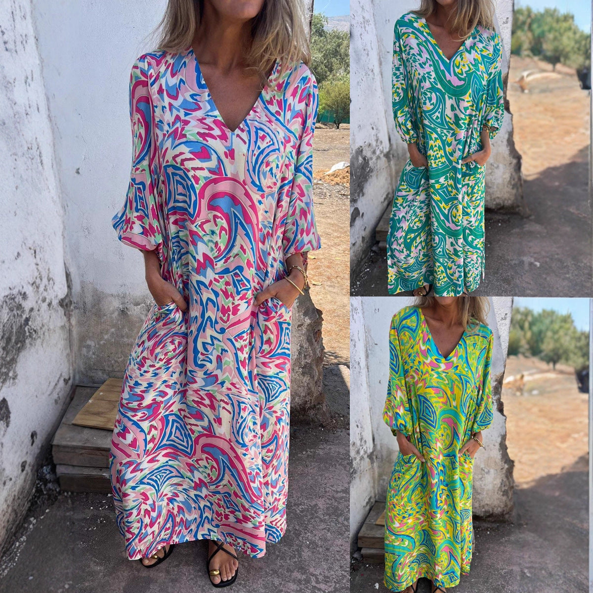 Robe maxi femme avec décolleté en V profond et manches ballon décontractées Chic und Stil