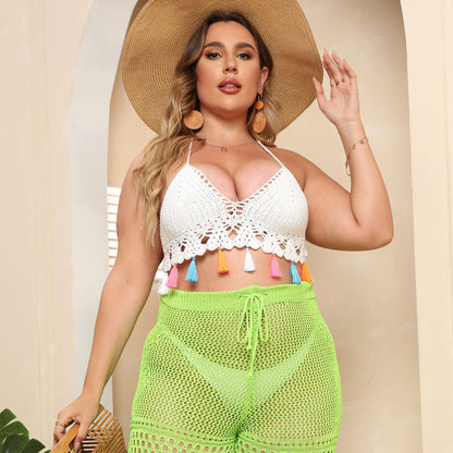 Dames Bohémien Tricot Haut à manches courtes avec franges colorées Chic und Stil