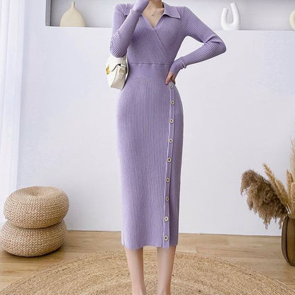 Robe en tricot pour femmes avec col asymétrique et boutons décoratifs Chic und Stil