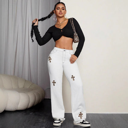 Wide denim pants for women with asymmetrical patterns and raised pockets Chic and Style