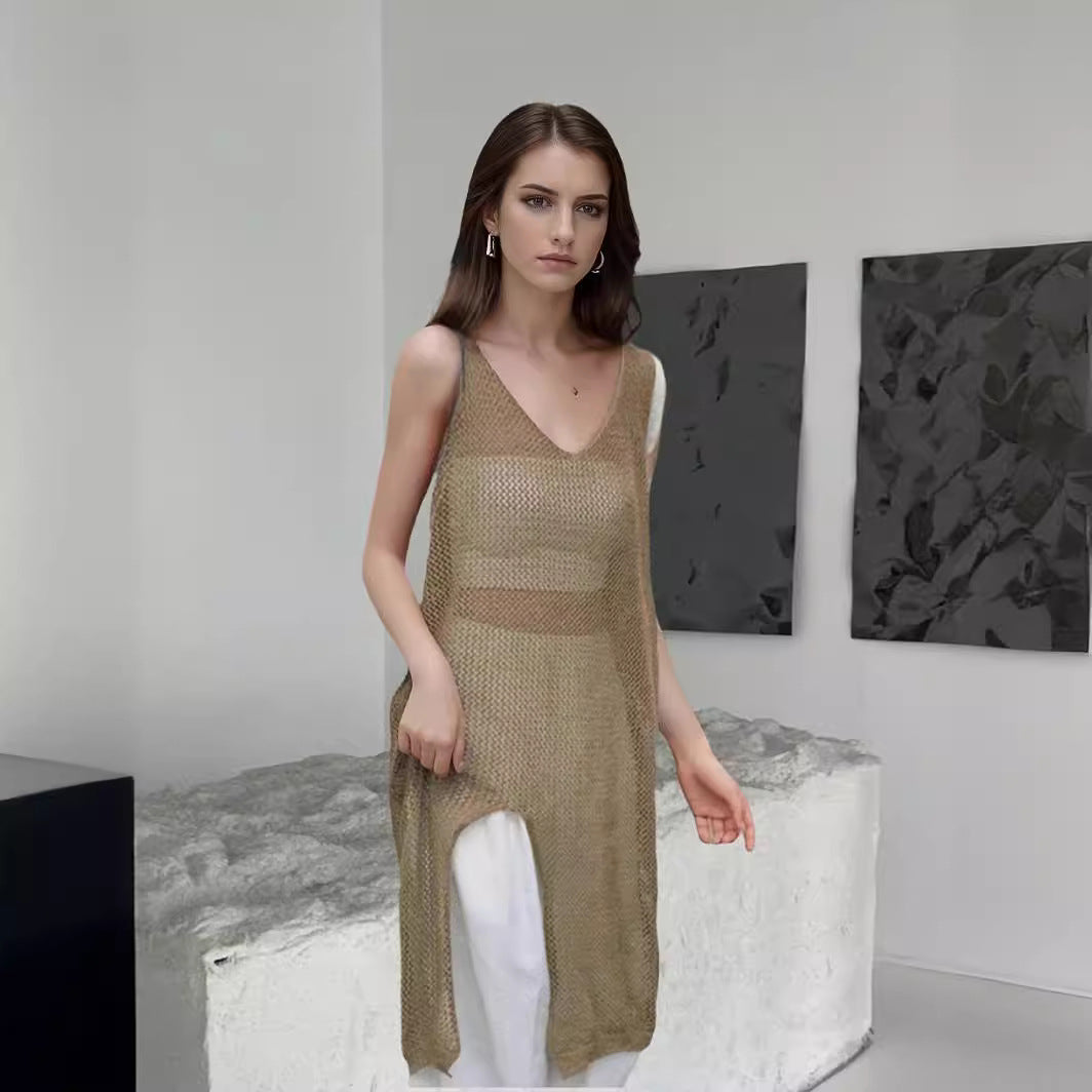 Robe en tricot aérien pour femmes avec fentes latérales et décolleté en V moderne Chic und Stil