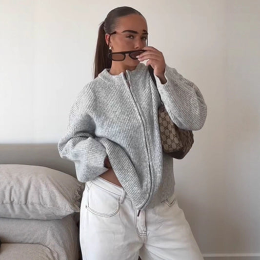 Ladies cozy pullover with high collar and zipper Chic and Style