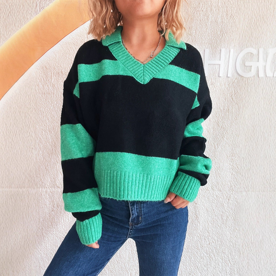 Pull en tricot pour femmes avec des rayures tendance et un col en V Chic und Stil