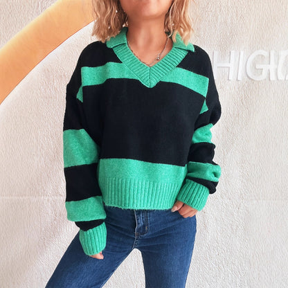 Pull en tricot pour femmes avec des rayures tendance et un col en V Chic und Stil