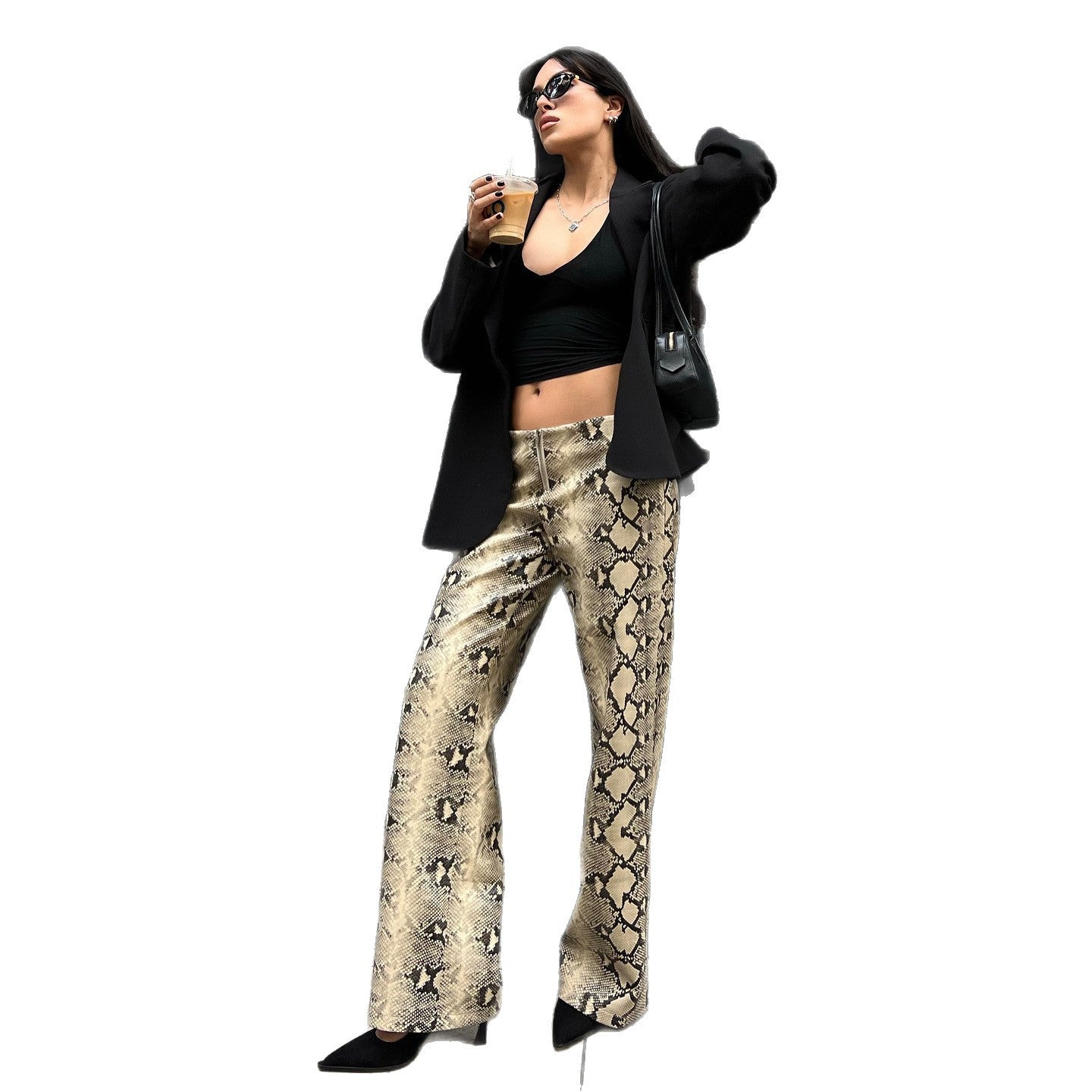 Elegant woman snake print pants Chic and Style