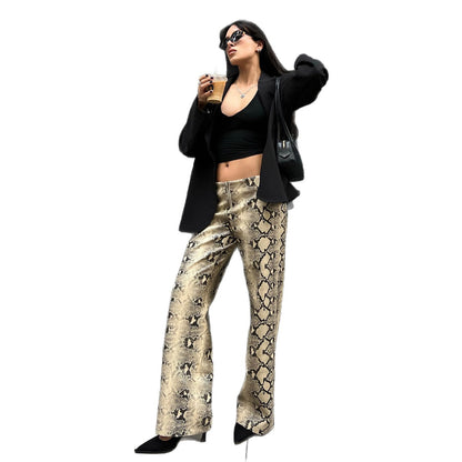 Elegant woman snake print pants Chic and Style