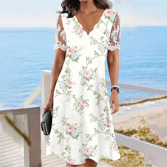 Robe femme chic et stylée en dentelle à fleurs à manches en V