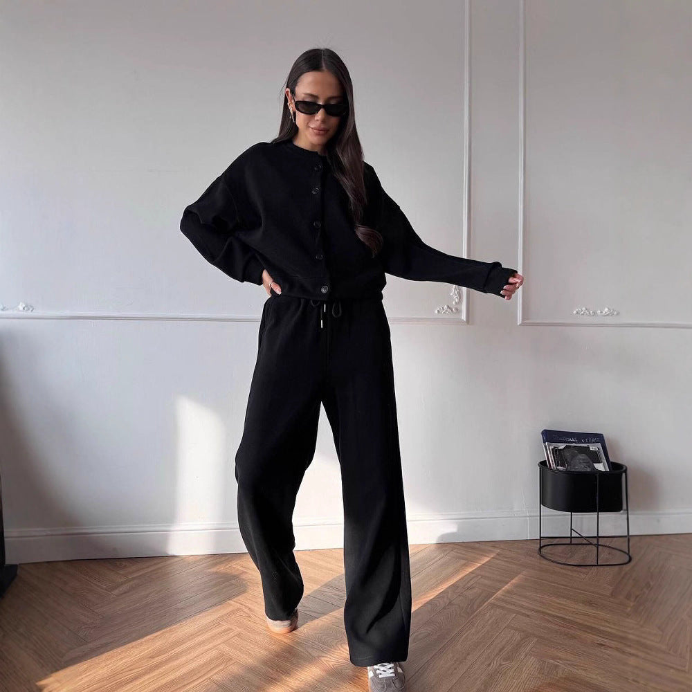 Pull-over décontracté pour femmes avec boutons et pantalon de jogging confortable Chic und Stil