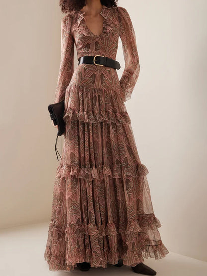 Robe maxi femme avec tissu orné de volants et décolleté en V élégant Chic und Stil