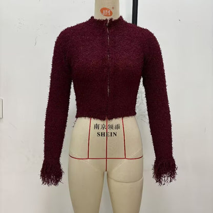 Dames Gilet en maille confortable avec des manches frangées et un col à la mode Chic und Stil