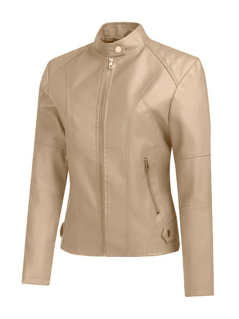 Dames Élégante Veste de Moto en Cuir Synthétique avec Col Haut et Fermeture Éclair Asymétrique Chic und Stil