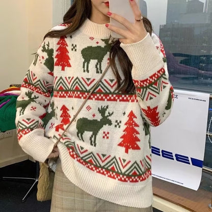Pull-over en grosse maille pour femmes avec motif de renne festif et encolure ronde Chic und Stil