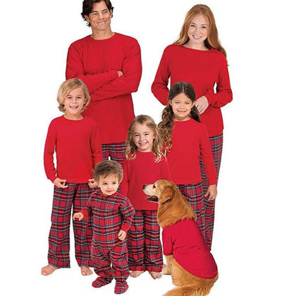Chic und Stil | Pure Red Long Sleeve Christmas Pajama Top and Matching Long Checkered Pants for the Whole Family