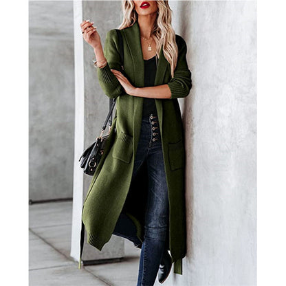 Dames élégant long Cardigan avec ceinture à la taille et poches Chic und Stil