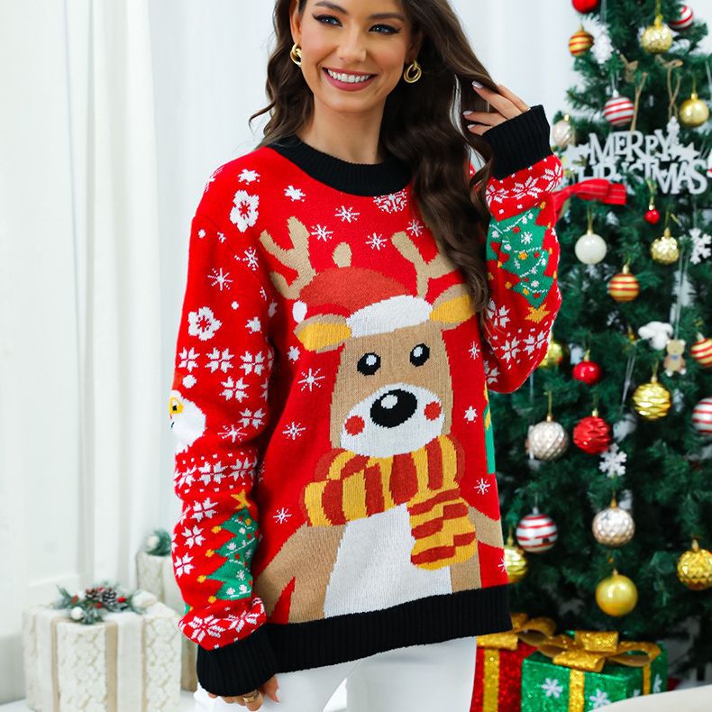 Pull en tricot de Noël pour femmes avec un design de renne festif et des motifs colorés détaillés Chic und Stil