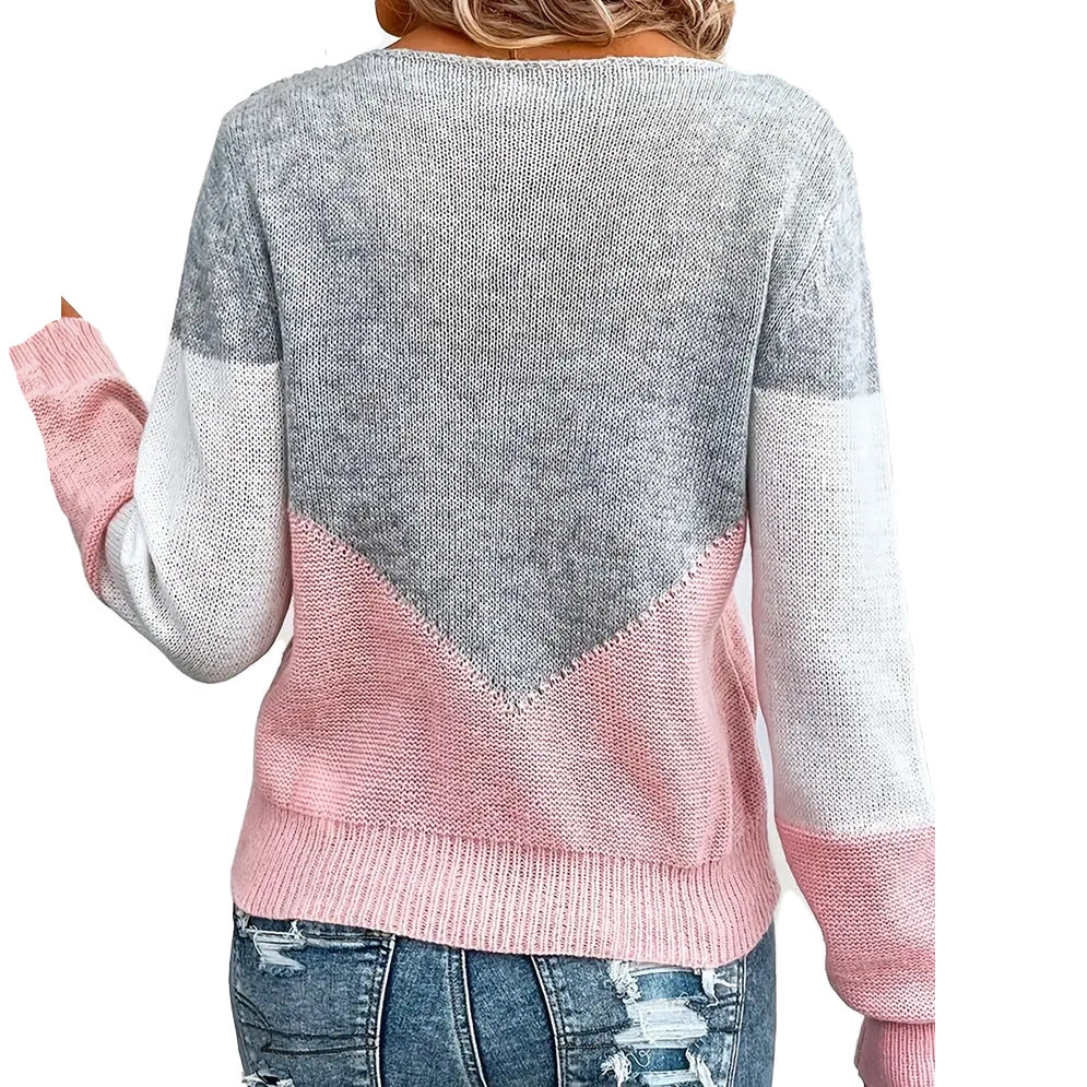 Dames pull moderne en tricot avec des blocs de couleurs contrastants et en V
