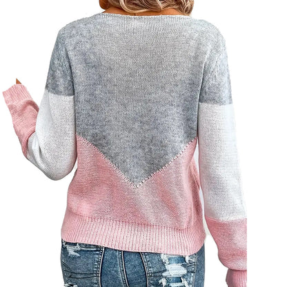 Dames pull moderne en tricot avec des blocs de couleurs contrastants et en V