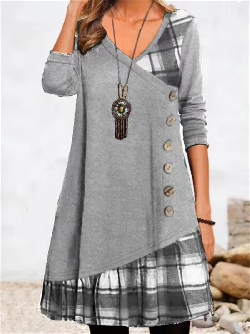Robe décontractée asymétrique pour femmes avec ourlet à carreaux et détail de bouton Chic und Stil