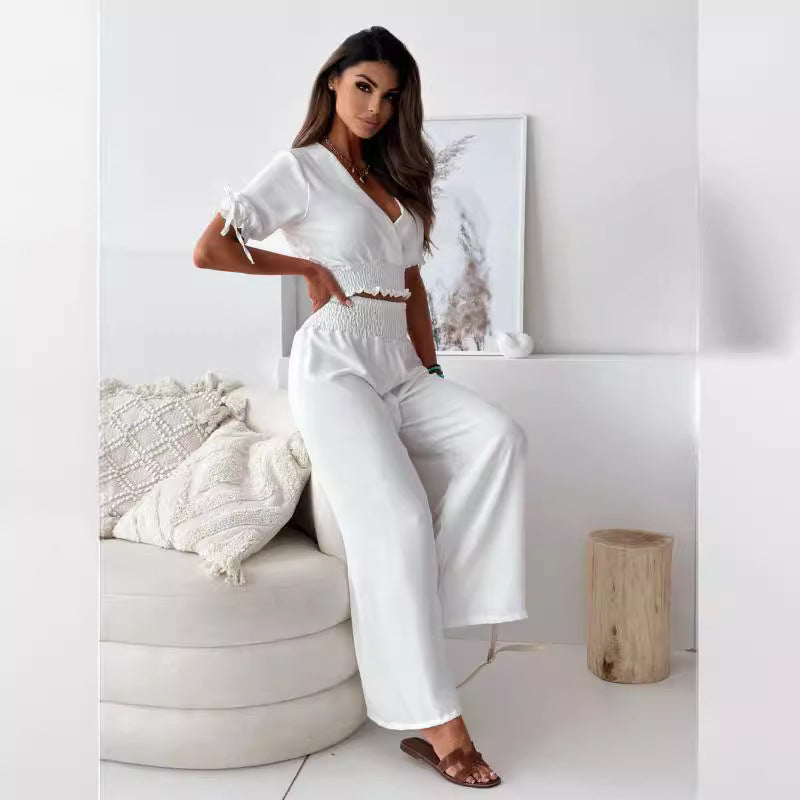 Chic and Style women's cropped smocking top set and wide pants