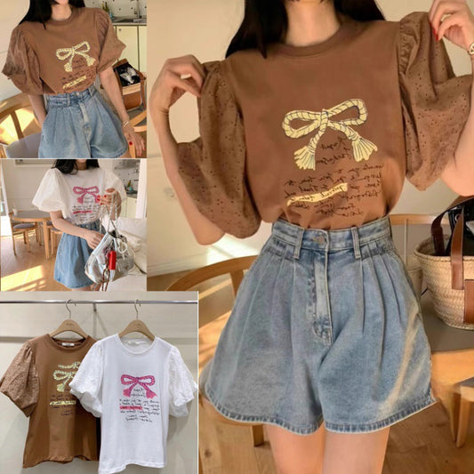 Ensemble T-shirt graphique à manches bouffantes pour femmes et shorts en denim taille haute Chic und Stil