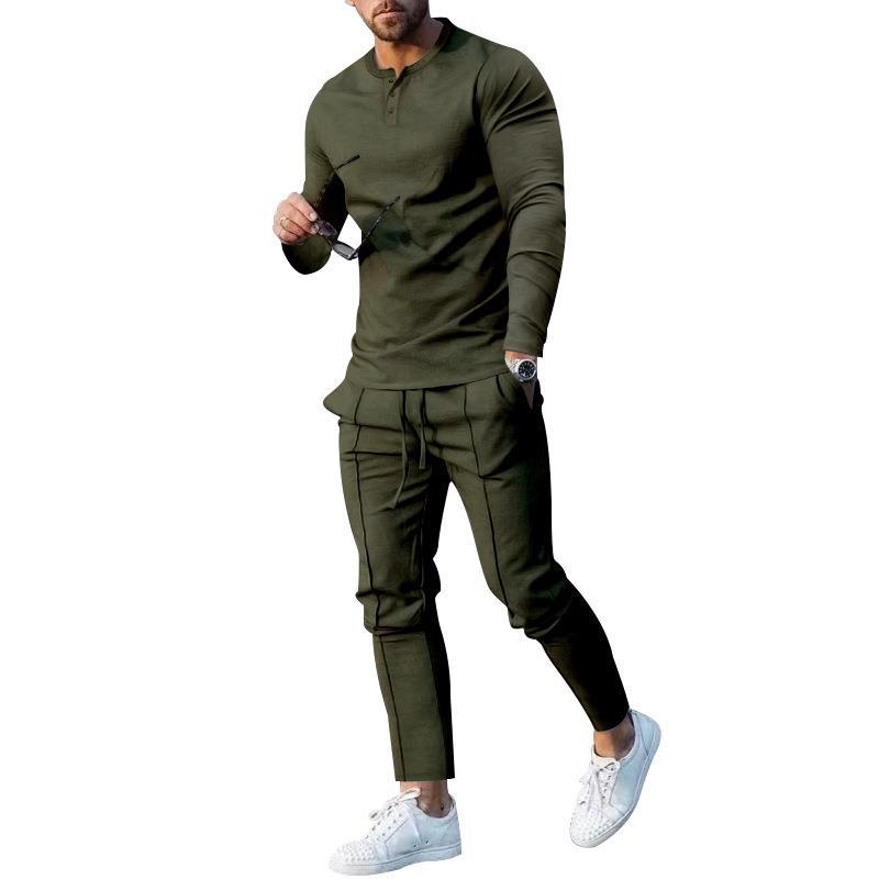 Men's sports top and pants set with modern Henley neckline Chic and Style