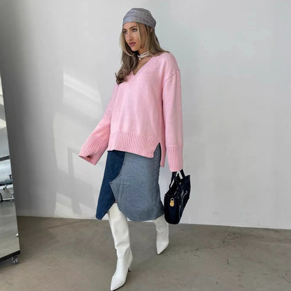 Dames Pull en tricot léger à col en V Chic und Stil