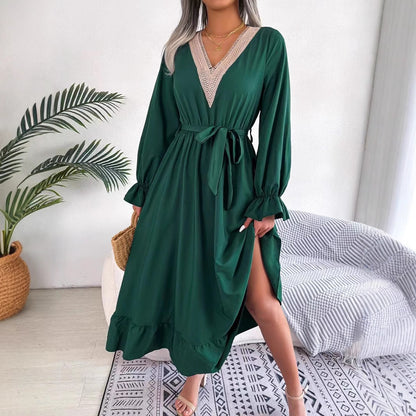 Ladies Elegant V-Neck Maxi Dress with Ruffled Hem Chic and Style
