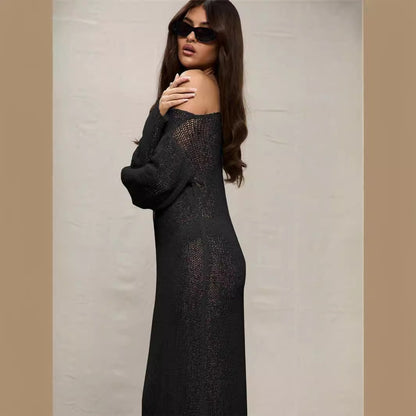 Robe maxi femme en crochet léger avec design off-shoulder Chic und Stil