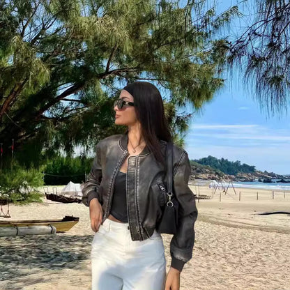 Dames haute qualité et élégante veste en cuir synthétique Chic und Stil