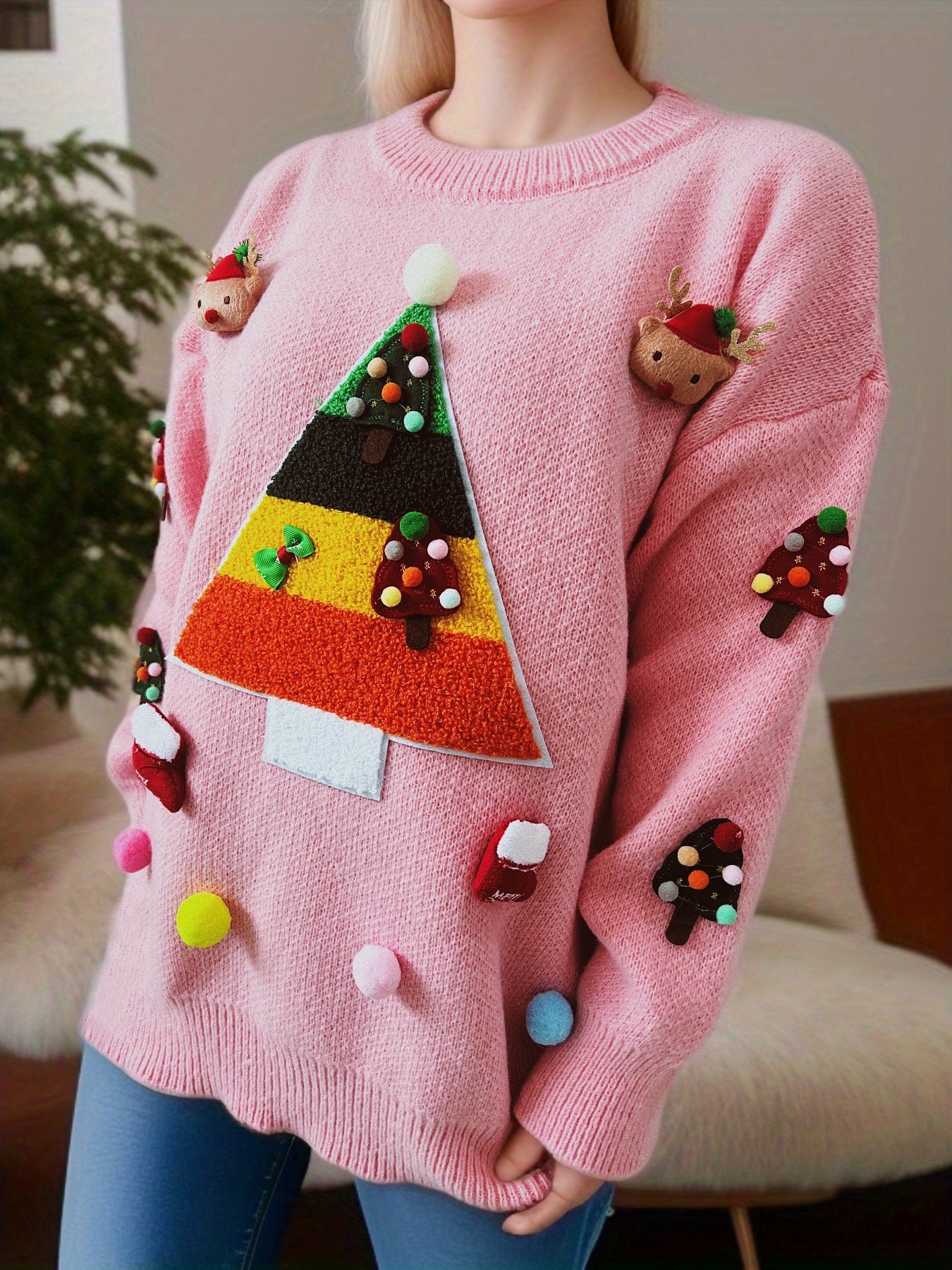 Pull de Noël pour femmes avec un design de sapin de Noël joyeux et des applications 3D Chic und Stil