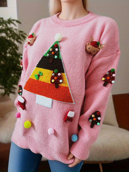 Pull de Noël pour femmes avec un design de sapin de Noël joyeux et des applications 3D Chic und Stil
