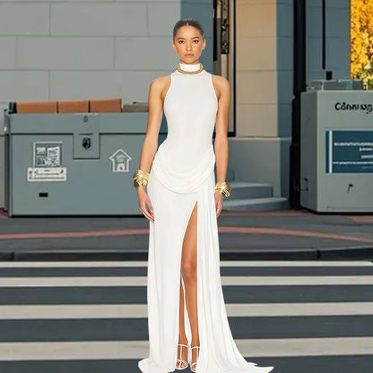 Femmes Robe maxi élégante avec col haut et fente latérale Chic und Stil