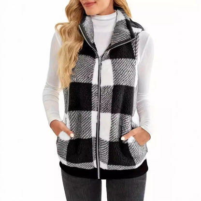 Women plaid fleece gilet with practical pockets Chic and Style