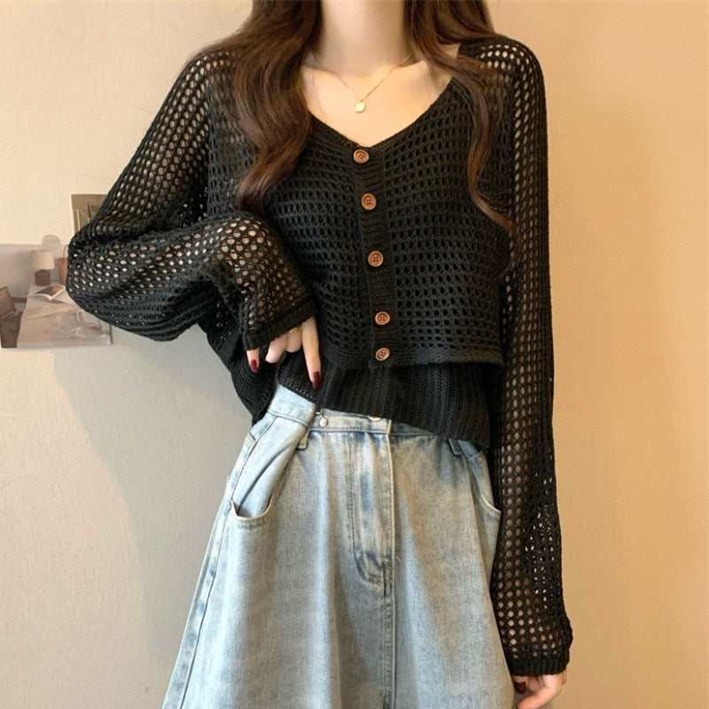 Dames cardigan décontracté en tricot avec motif en filet et fermeture à bouton Chic und Stil