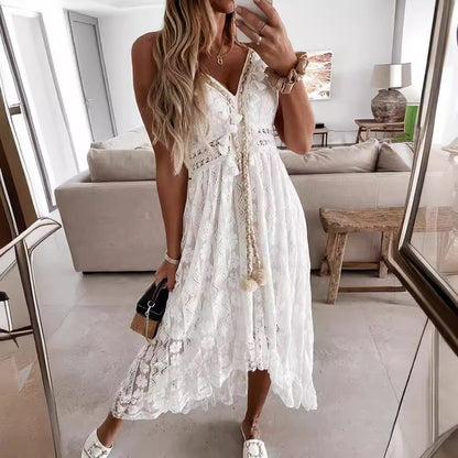Robe maxi femme avec un motif en dentelle délicat et des détails ludiques Chic und Stil