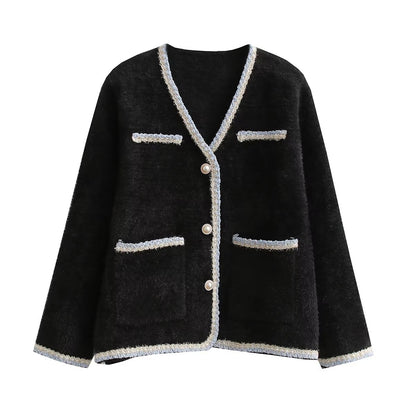 Cardigan élégant en tricot pour femmes avec des boutons décoratifs en perles et des poches pratiques Chic und Stil