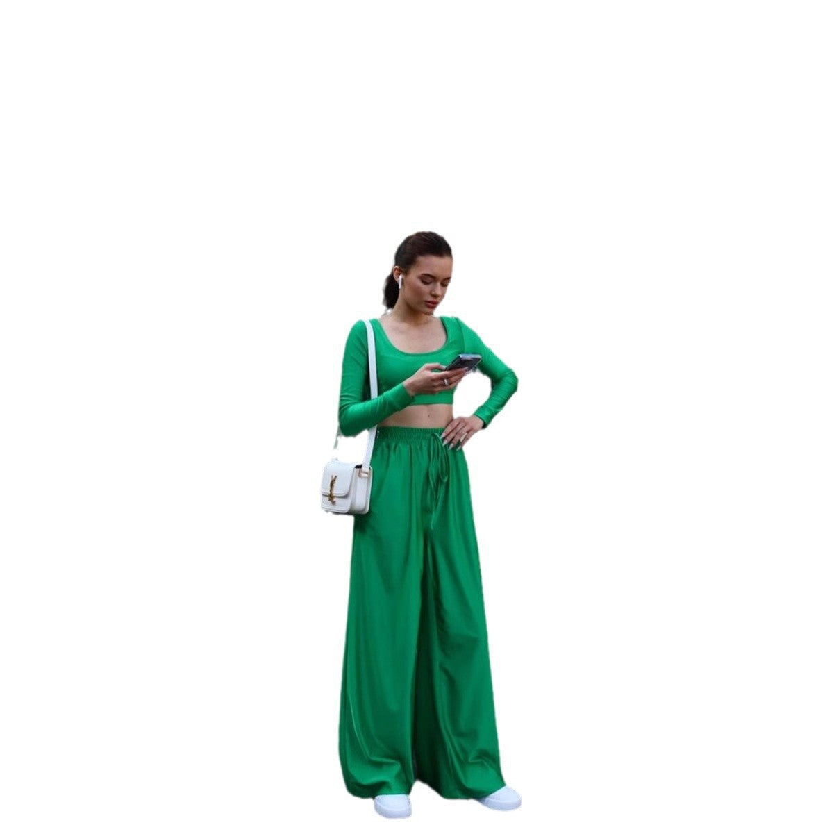 Ladies trendy top with high waist wide pants chic and style