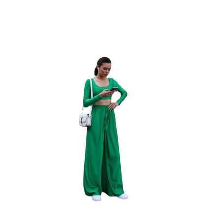 Ladies trendy top with high waist wide pants chic and style