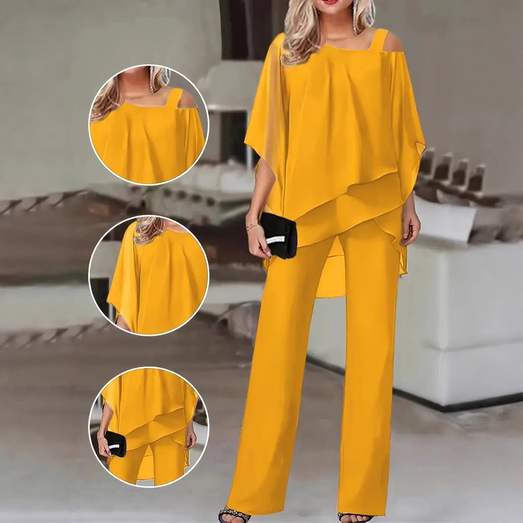 Dames Ensemble Élégant Deux Pièces avec Haut Fluide et Pantalon Évasé Chic und Stil