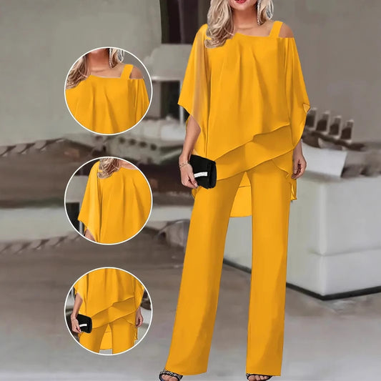 Dames Ensemble Élégant Deux Pièces avec Haut Fluide et Pantalon Évasé Chic und Stil