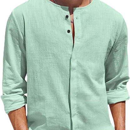 Chemise en lin pour hommes avec col montant décontracté et patte de boutonnage Chic und Stil