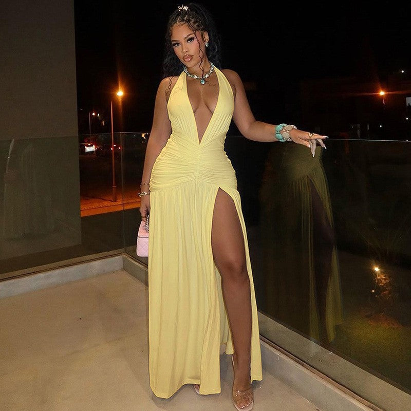 Femme Élégante Robe Maxi avec des détails de volants raffinés et une fente haute Chic und Stil