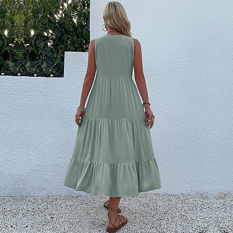 Robe maxi sans manches à volants pour femmes avec détail bouton Chic und Stil